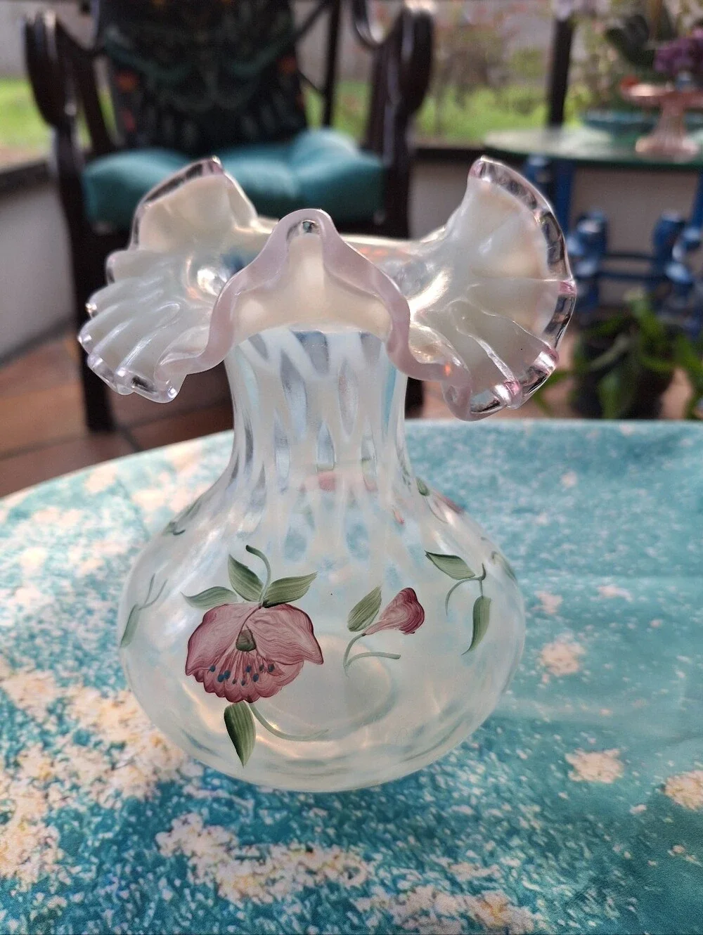 Fenton Vintage Hand-Painted Pink Floral Ruffled Glass Vase